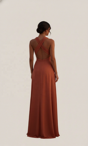 Servizio OEM ODM per <span class=keywords><strong>Abito</strong></span> Lungo in Chiffon Arancione 100% Poliestere <span class=keywords><strong>con</strong></span> Spalline Incrociate e Linea ad A per Abiti da Sera e Cerimonie - Product Image 3