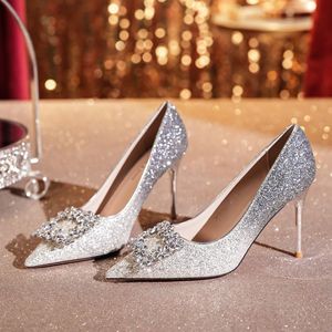 9888R-118 Escarpins à paillettes à talon aiguille et bout pointu, décorés de strass, chaussures formelles pour femmes, talon super haut de 8 cm et plus - Product Image 1