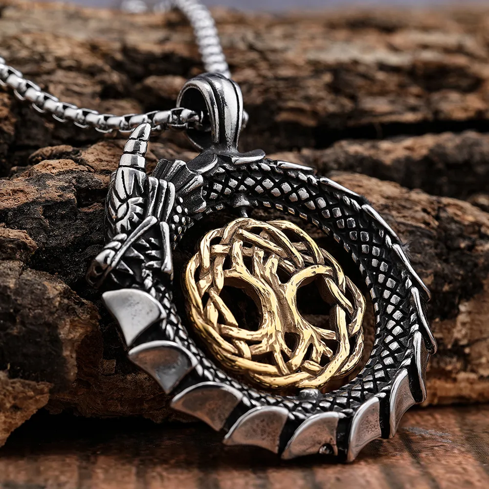 vintage rotating anxiety fidget gold plated tree of life zodiac animal Jormungand Norse Serpent viking necklace pendant set