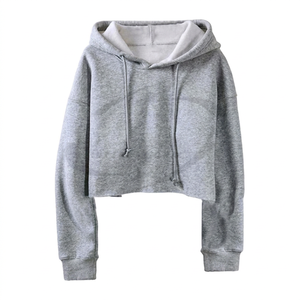 Sudadera Corta con Capucha para Mujer, Color Sólido, Manga Larga, Informal, para Invierno, Transpirable, de Lona Gris, con Logotipo Frontal - Product Image 1