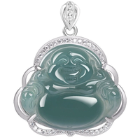 Pendentif Amitabha Bouddha en argent S925, bleu émeraude naturel, avec un pendentif en pierre de jade de qualité glace.