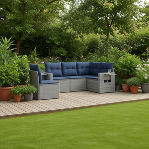 Ensemble de canapés de jardin en polyrotin gris, 5 pièces, avec coussins, meubles d'extérieur, design contemporain - Product Image 2