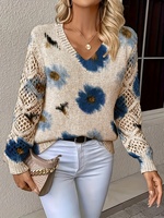 Pull en maille respirant 100 % polyester pour femme, motif floral style aquarelle, col en V, manches longues, maille ajourée, patchwork numérique, collection Printemps 2026