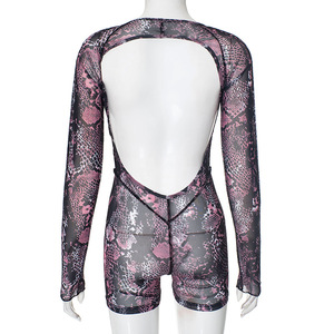 Nuevo mono corto informal para mujer, transpirable, de malla, estampado, con decoración de encaje transparente, estilo sexy, por encima de la rodilla, para salir. - Product Image 5