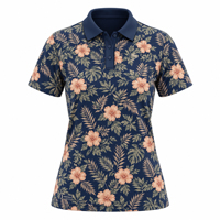 Kaos Polo Golf Wanita Biru Tua Motif Bunga Hibiscus Lengan Pendek Bernapas Nyaman untuk Golf dan Acara Santai