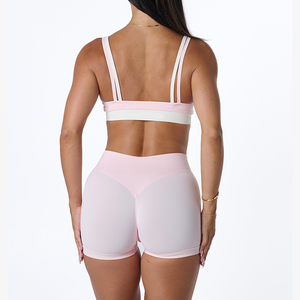 Soutien-gorge de <span class=keywords><strong>sport</strong></span> double couche contrastant pour femme, le plus vendu, avec bretelles réglables, respirant, pour yoga et fitness, ensemble court personnalisé - Product Image 4
