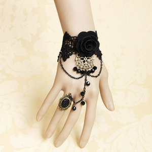 Makeup Ball Schwarze Spitze Sexy <span class=keywords><strong>Vintage</strong></span> Spitze Kristall Armband mit Ring integrierte Kette - Product Image 2