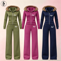 Ensemble en fausse fourrure pour femmes, logo personnalisé, sweat à capuche court zippé, pantalon évasé à taille élastique avec cordon de serrage, ensemble de survêtement 2 pièces pour femmes
