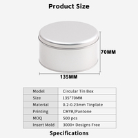 Boîte en fer blanc ronde avec couvercle plat 135x70mm, impression personnalisée couleur et logo, matériau recyclable, finition brillante pour emballage de bonbons