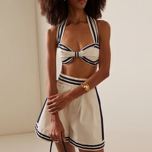 Nautical 3 Piece Swimsuit Set Halter Bow <strong>Bikini</strong> <strong>with</strong> Striped High Waist <strong>Shorts</strong> Cover up for <strong>Women</strong> - Product Image 2