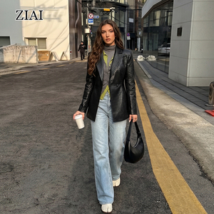Ladies Glossy Croc PU <strong>Leather</strong> Blazer Coat <strong>Long</strong> Sleeve Notched Lapel Office &amp; Streetwear <strong>Jacket</strong> - Product Image 6