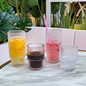 饮料杯北欧风格复古压花金边玻璃圆形向日葵水杯奶茶店果汁杯