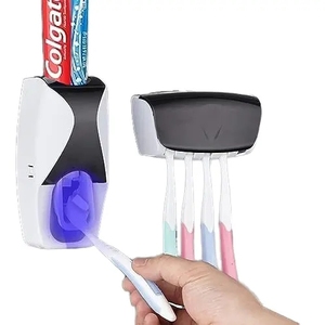 Set Dispenser Automatico per <span class=keywords><strong>Dentifricio</strong></span> e <span class=keywords><strong>Porta</strong></span> Spazzolini a 5 Scomparti, Supporto da Parete in Plastica per Bagno - Product Image 1