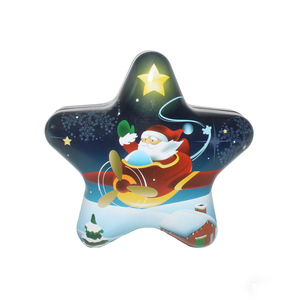 JINKO <b>TINS</b> Christmas Star-Shaped Tinplate Can with Santa in Airplane Design for Holiday Candy Gifts (Customizable Logo) - Product Image 2