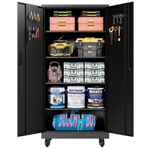 Armoire de garage roulante robuste de 71 pouces avec serrure, rangement en métal noir avec 5 étagères et panneau perforé pour atelier, sous-sol, buanderie - Product Image 6