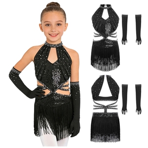 Traje de Baile Latino para Niñas de 6 a 16 Años, Vestidos con 1 Par de Guantes de Malla para Actuaciones en Escenario, Competiciones y Fiestas - Product Image 3