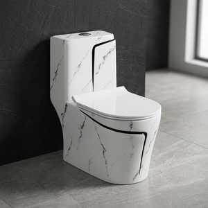 WC monobloc en céramique à impression marbre moderne, à chasse d'eau siphonique, double chasse, à poser au sol - Product Image 1