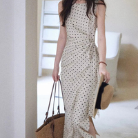 Gaun Polkadot Elegan dan Mewah dengan Pinggang Berikat, Rok Panjang Gaya Prancis dari Bahan Linen Katun