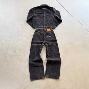 Manufacturer Custom High Quality 2 Piece Denim Jacket and Jeans <b>Pants</b> Set Luxury Men's Heavyweight Baggy Raw Denim Jeans Set - Product Image 4
