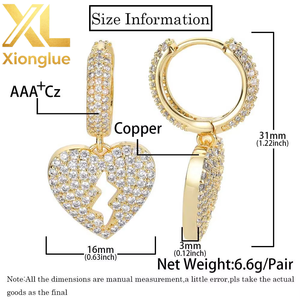 Hop <b>Real</b> Gold With Bling <b>Crystal</b> Zircon Rap Heartbreak Earrings Pendant for Women Men - Product Image 3