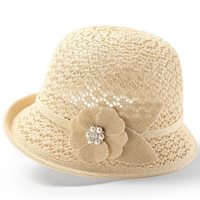 Sombrero de Verano Casual para Mujer, de Poliéster, Estilo Cloche, con Apliques Florales Elegantes, Decoración de Perlas y Diamantes de Imitación, Sombrero de Sol Tipo Bucket