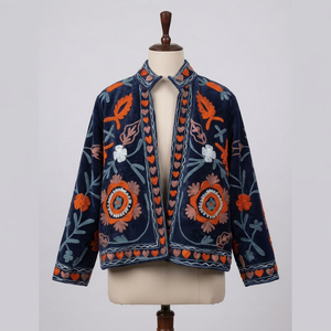 OEM Custom <b>Women</b> Vintage Floral Embroidered Navy <b>Velvet</b> Jacket Boho Short Open Front <b>Coat</b> Fall Winter Ethnic Outerwear Wholesale - Product Image 1