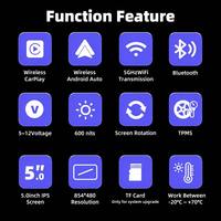Écran de navigation CarPlay pour moto de 5 pouces, sans fil, avec fonction de mise en miroir d'écran Android Auto, moniteur portable pour moto