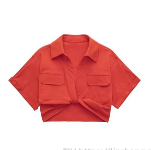 เสื้อเชิ้ตผู้หญิงแฟชั่น แขนสั้น คอปก สีพื้น ผ้าลินินยืดทรงเข้ารูป - Product Image 3