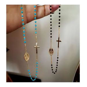 Xinfly 18K Gold Vintage Style Necklace Turquoise & Black Spinel Religious Virgin Mary Catholic Christian Fine <b>Choker</b> - Product Image 1