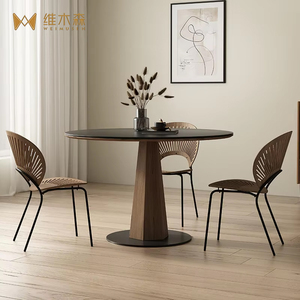 Mesa de Comedor Redonda Vintage de Pizarra con Patas de Madera Maciza Color Nogal Negro para Apartamentos Pequeños, Muebles Retro para el Hogar - Product Image 3