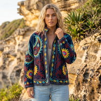 Veste en velours Prairie Chic brodée, motif floral, col montant, manches longues, veste pour femme printemps