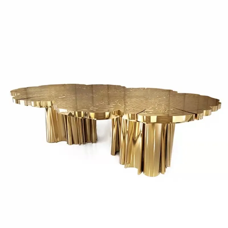 Tavolino da caffè in metallo oro retrò di lusso fatto a mano con tronco d'albero