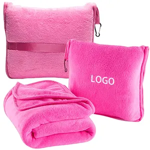 Selimut pola kustom merah muda 4 dalam 1, bantal perjalanan ringan, selimut perjalanan dengan tas untuk pesawat terbang