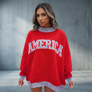 Custom Printed <b>Mock</b> Neck Sweatshirt Gingham Applique Letters Cotton Oversized Eco-Friendly Breathable Adults Winter Streetwear - Product Image 1