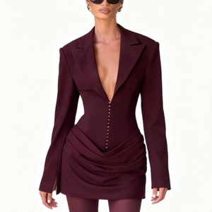 Robes élégantes pour femmes, nouvelle collection automne/hiver, couleur unie, col en V profond, plissées, mini-longueur, taille cintrée, tendance - Product Image 1