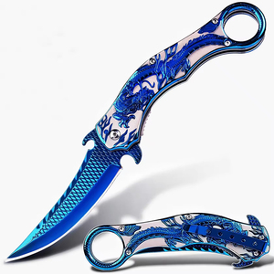 <span class=keywords><strong>Couteau</strong></span> pliant Karambit 9 pouces avec poignée gravée Dragon, acier 3Cr13, revêtement titane, clip multicolore, outil EDC pour le camping, OEM - Product Image 2