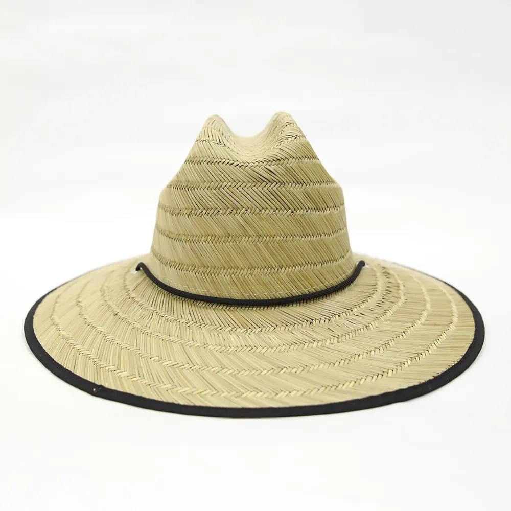 인명 구조 밀짚 모자 사용자 정의 패치 로고 밀짚 모자 인쇄 비치 서핑 천연 잔디 넓은 챙 태양 인명 구조 밀짚 모자