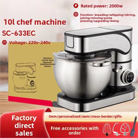 Mélangeur Alimentaire Robuste 3-en-1 en Acier Inoxydable 10L - Pétrissage/Fouettage/Mélange, 220V 50Hz, Moteur à Contrôle par Microprocesseur, Idéal pour la Boulangerie