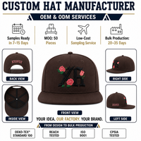 Casquette Snapback personnalisée à 6 panneaux en sergé de coton marron foncé avec broderie florale 3D rose, OEM ODM, visière plate, style vintage streetwear