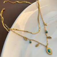 HOVANCI Accessoires en acier inoxydable Style océan Déclaration Double couche Turquoise Incrustation Feuille Pendentif Collier Chinois Magasin en vrac