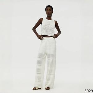 Ensemble deux pièces en dentelle <span class=keywords><strong>blanche</strong></span> ajourée, haut court <span class=keywords><strong>sans</strong></span> manches et pantalon large, motif vintage, ensemble décontracté pour femmes - Product Image 6