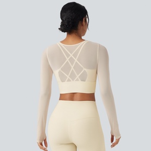 Custom Beautiful Women's <b>Two</b>-<b>Piece</b> Yoga Top Breathable Sports Outer Wear with Long Sleeves Cross Back <b>Mesh</b> Chest Pad Yoga <b>Set</b> - Product Image 1