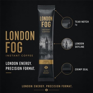 Sacchetti in plastica personalizzati, affidabili e portatili, con intaglio per apertura, da 2g, neri, in ottone, con motivo London Skyline, per caffè istantaneo, per marchi urbani OEM - Product Image 5