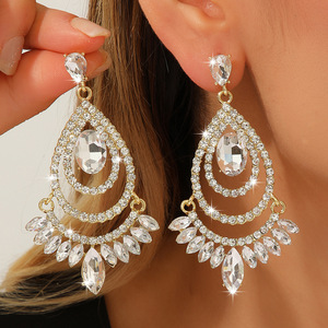 Vintage Palace Style Crystal Full Diamond <b>Earrings</b> Elegant Water Drop Shape Alloy <b>Earrings</b> Women's Fashion Accessories Jewelry - Product Image 1