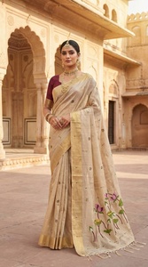 Sari en coton Muga avec broderie florale, tenue traditionnelle pour femmes, mariage et fêtes, style indien, longueur au sol - Product Image 4