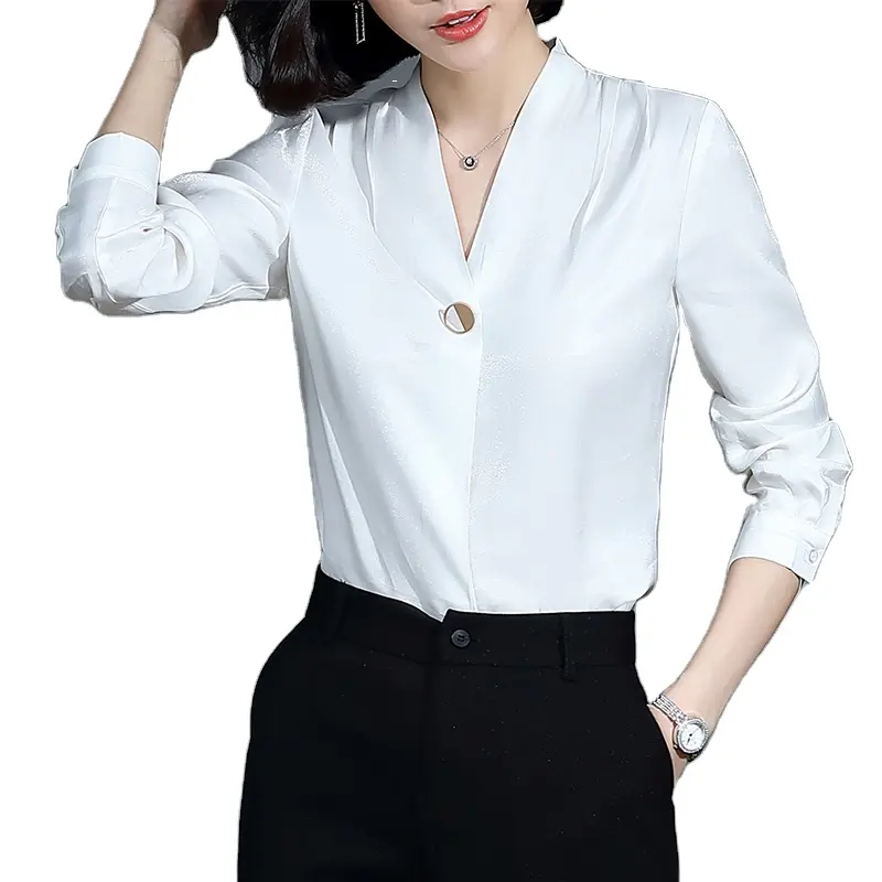 New Oem Less Is More Simple Wholesale High-quality Elegant Shirt V-neck Collar White Women Clothes Tops Office Ladies Blouses