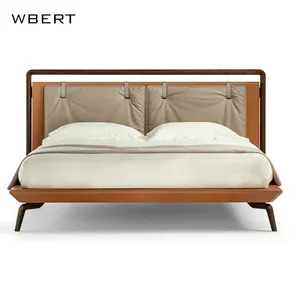 سرير كبير فاخر وعالي الجودة بتصميم إيطالي حديث من WBERT مصنوع من الخشب الصلب والجلد مزوّد بدعامة وسرير مزدوج للفنادق والفيلات