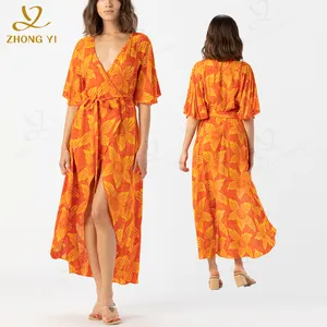Casual Dresses 2024 Women Clothing Manufacturer Custom Sexy Loose Split Bohemian Floral Fashion Long Dresses For Beach Holiday