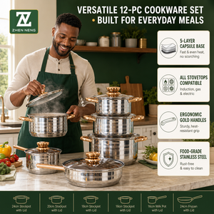 Ensemble de casseroles en acier inoxydable Zhenneng 12 pièces, compatible induction et gaz, pour la cuisine, avec couvercles - Product Image 2