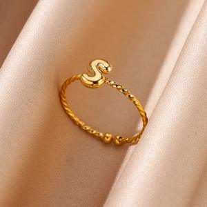 Anillos con letras gruesas de burbujas de globo de acero inoxidable para mujer, anillo abierto con inicial de Color dorado, regalo de joyería estética del alfabeto - Product Image 2